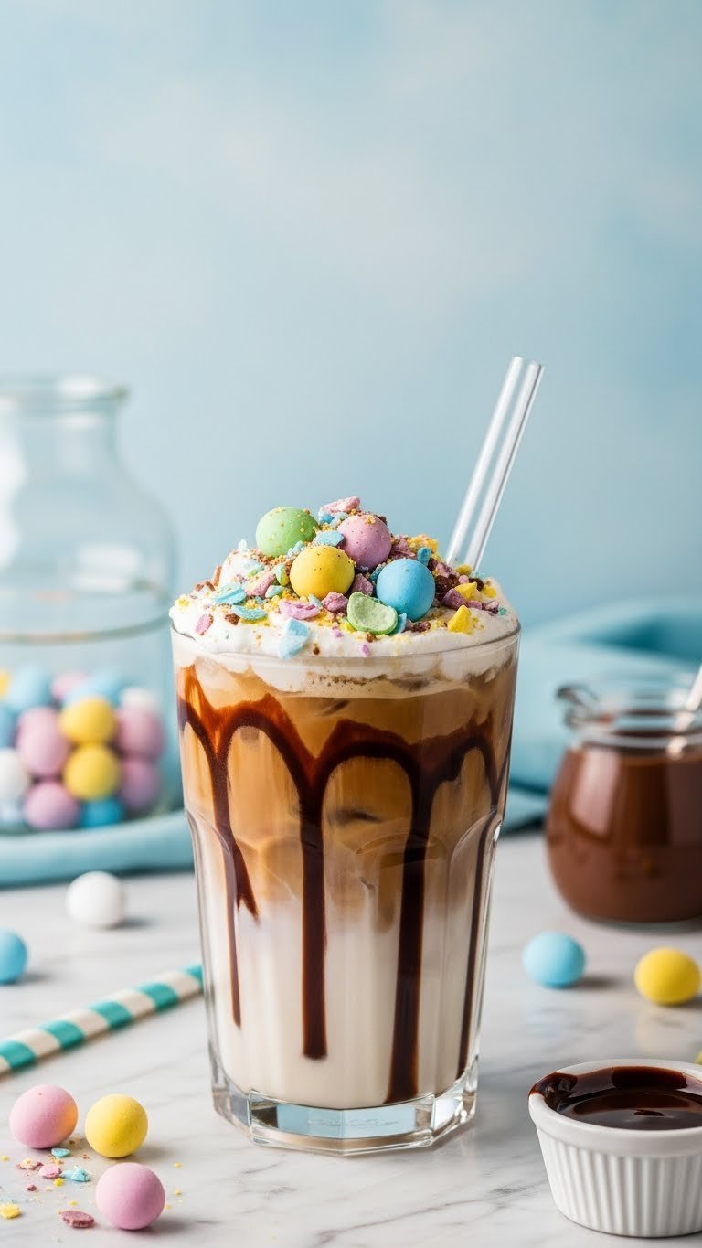 Vibrant Mini Egg iced latte in clear glass with crushed pastel eggs, chocolate drizzle, and marble countertop backdrop