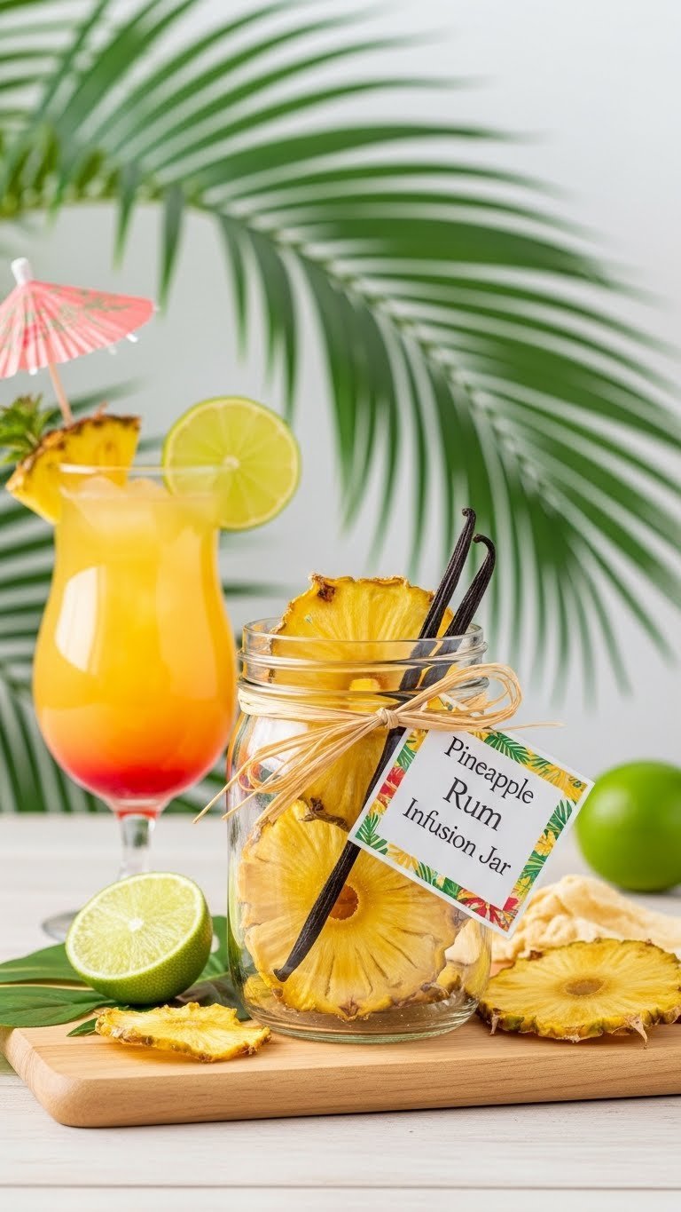 Vibrant Pineapple Rum Infusion jar with dried pineapple chunks and vanilla bean on tropical background
