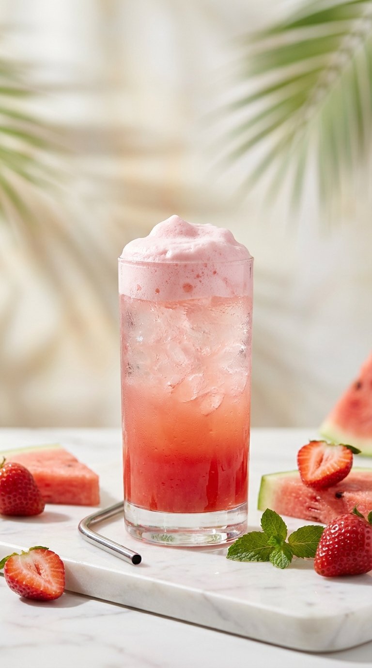 Vibrant Pink Mermaid energy drink with pink foam, fruit slices, and mint garnish on marble countertop