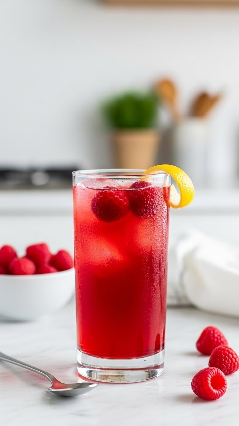 Vibrant Raspberry Sparkler mocktail in tall glass with floating raspberries and lemon twist on white marble surface