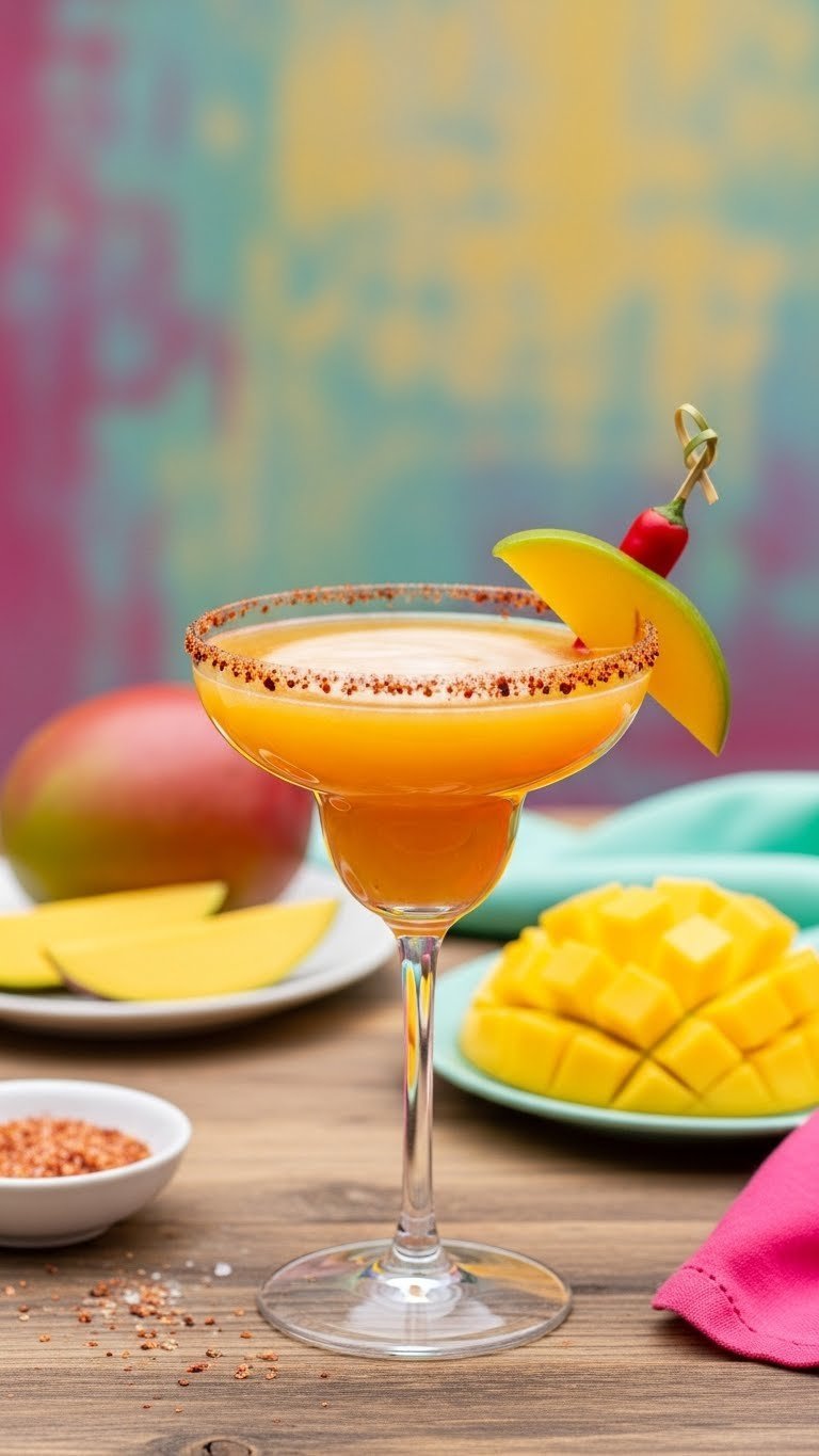 Vibrant Spicy Mango Tango mocktail with chili-lime rim and mango garnish on rustic wooden table