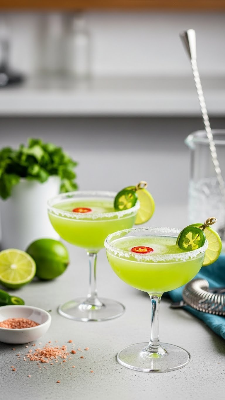 Vibrant Spicy Margarita Twist cocktails in salt-rimmed coupe glasses with lime wheel and jalapeño garnish on concrete surface.