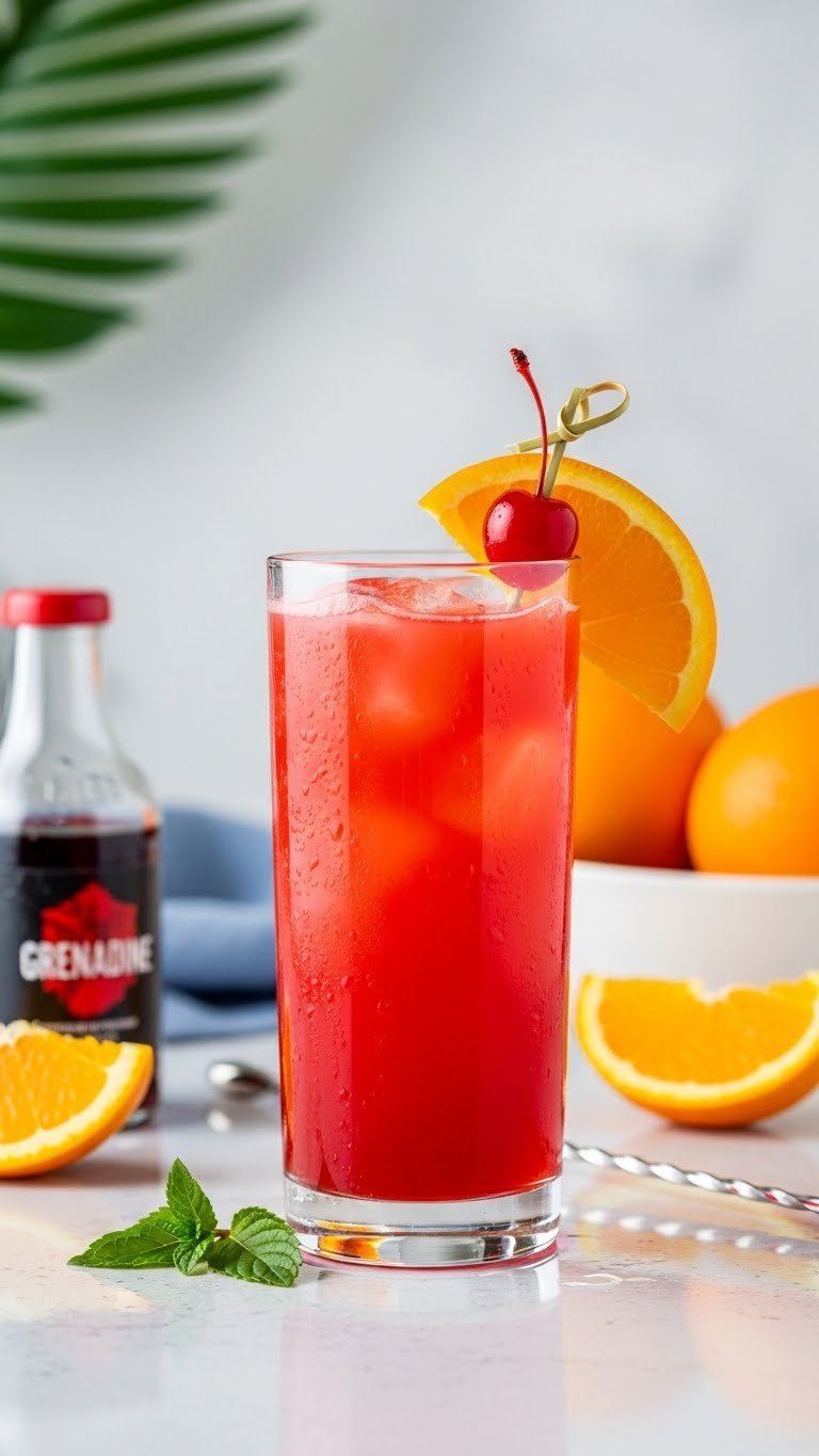 Vibrant Tequila Sunrise cocktail showing red grenadine gradient through orange juice in Collins glass with cherry garnish