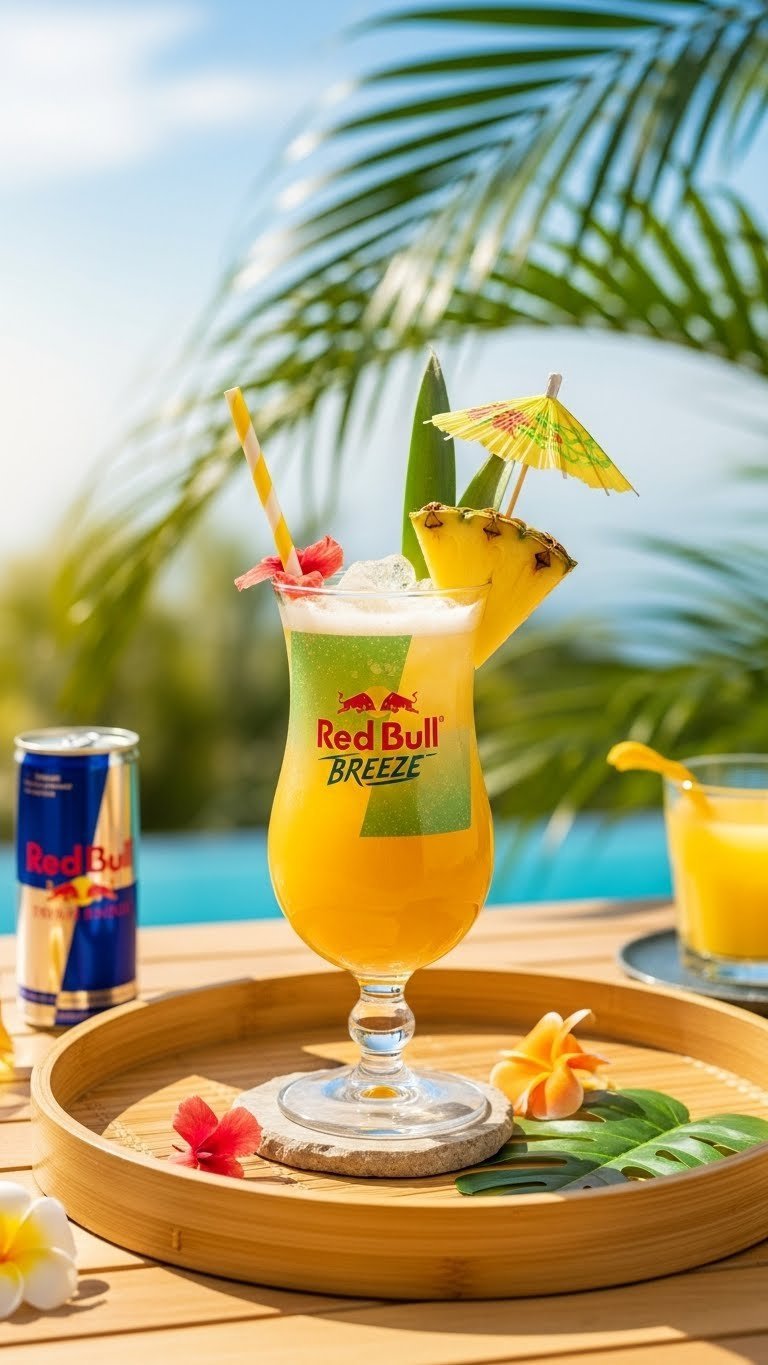 Vibrant Tropical Red Bull Breeze mocktail in hurricane glass with pineapple slice garnish on bamboo tray with palm leaf background