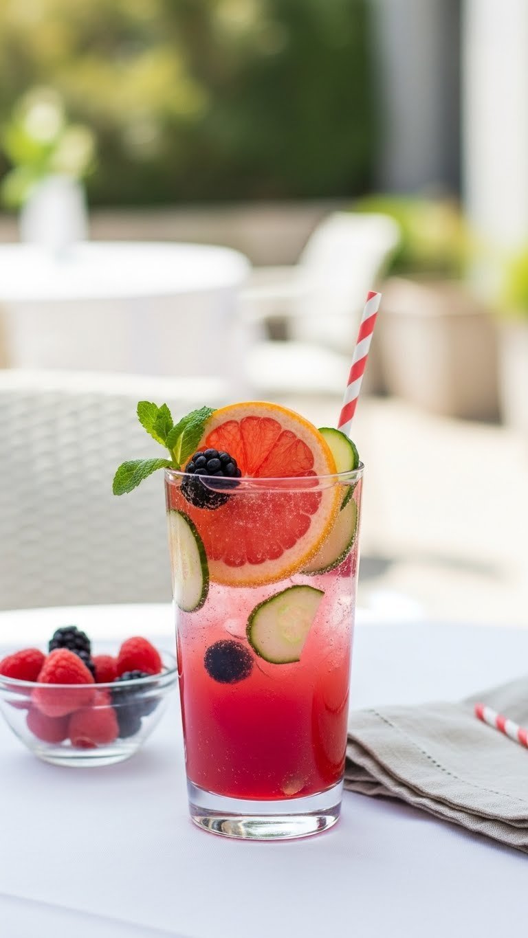Vibrant Vodka Soda with fruit slices in tall glass on white tablecloth with outdoor patio backdrop