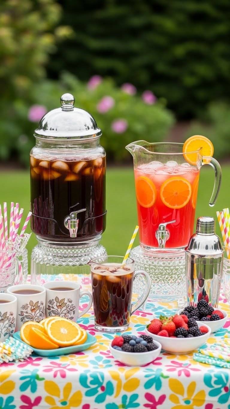 Vibrant all-ages coffee and mocktail bar with iced coffee dispenser and fruit-infused drinks at backyard party