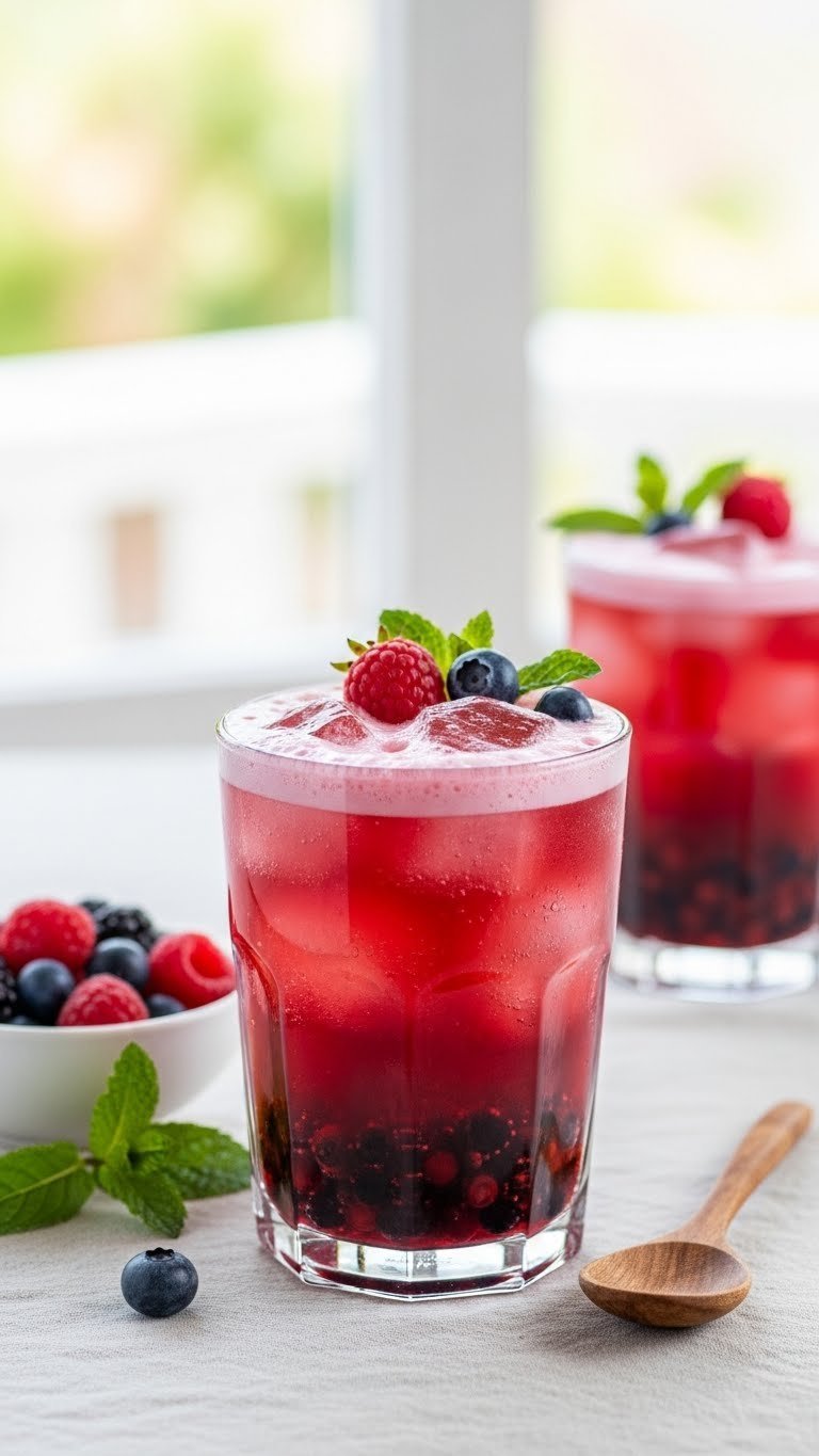 Vibrant berry blast Italian soda in clear glass with fresh strawberries, blueberries, raspberries and frothy head on light-colored linen tablecloth