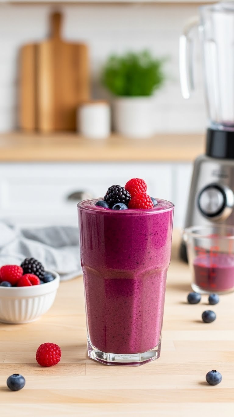 11 Healthy Drink Ideas: Easy Sips for Energy & Weight Loss 11 Vibrant berry blast weight loss smoothie topped with mixed berries on light wooden countertop