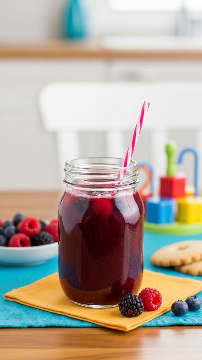 Vibrant berry juice in colorful children's glass with fun straw on bright placemat in playful setting