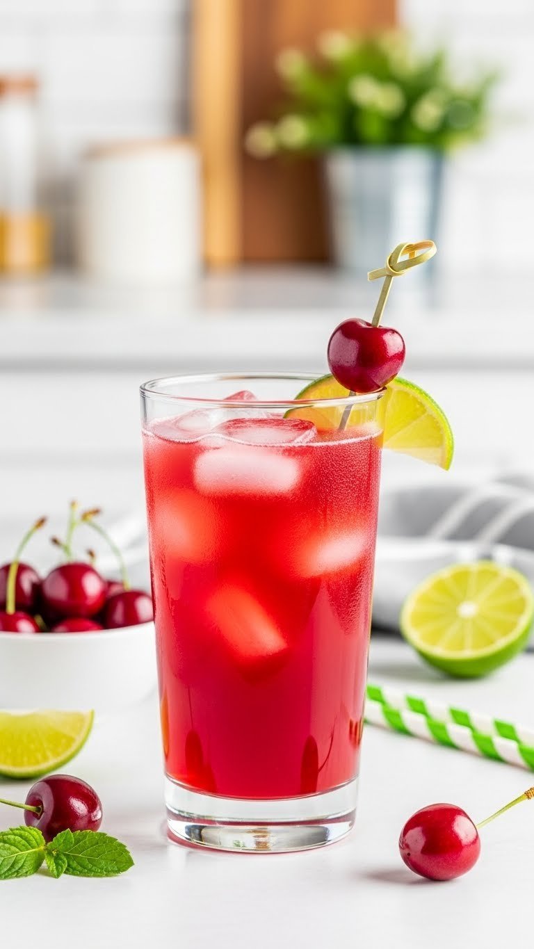 Vibrant cherry limeade in tall glass with cherries on cocktail pick and lime wheel garnish