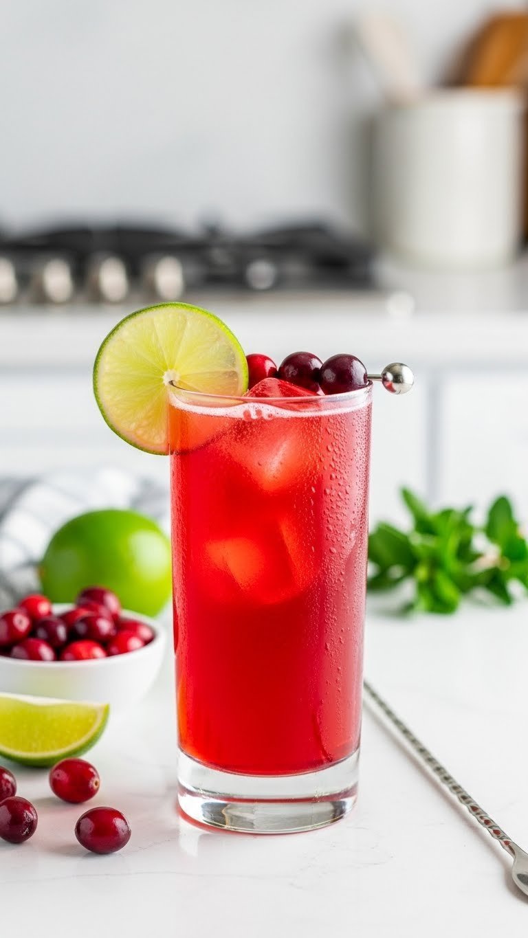 Vibrant cranberry-lime festive fizz in tall highball glass with lime wheel and fresh cranberries showing condensation