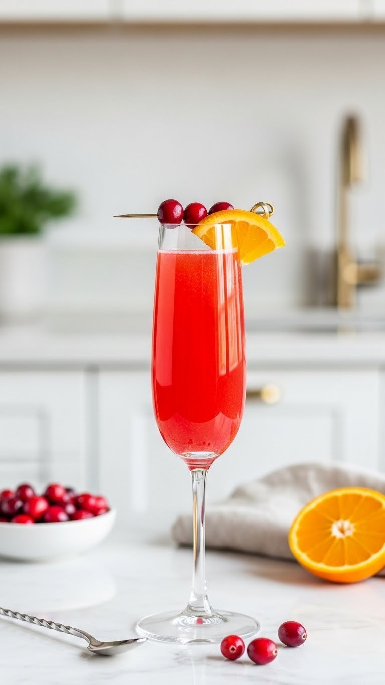Vibrant cranberry orange mimosa in elegant flute glass with fresh cranberries and orange wheel garnish on white marble countertop