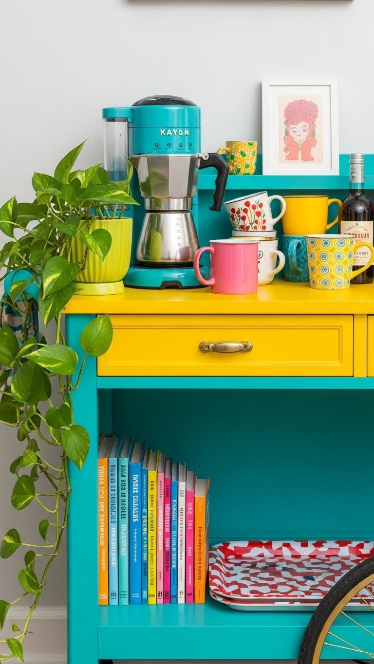 Vibrant eclectic coffee cart with bold teal paint, retro coffee maker, mismatched vintage mugs, and trailing pothos plant.