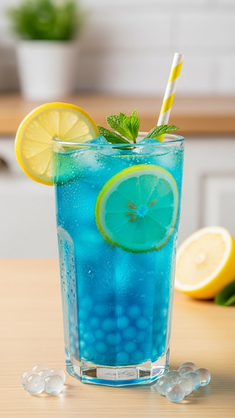 Vibrant electric blue lemonade boba with lemon slices and popping pearls on natural wood table