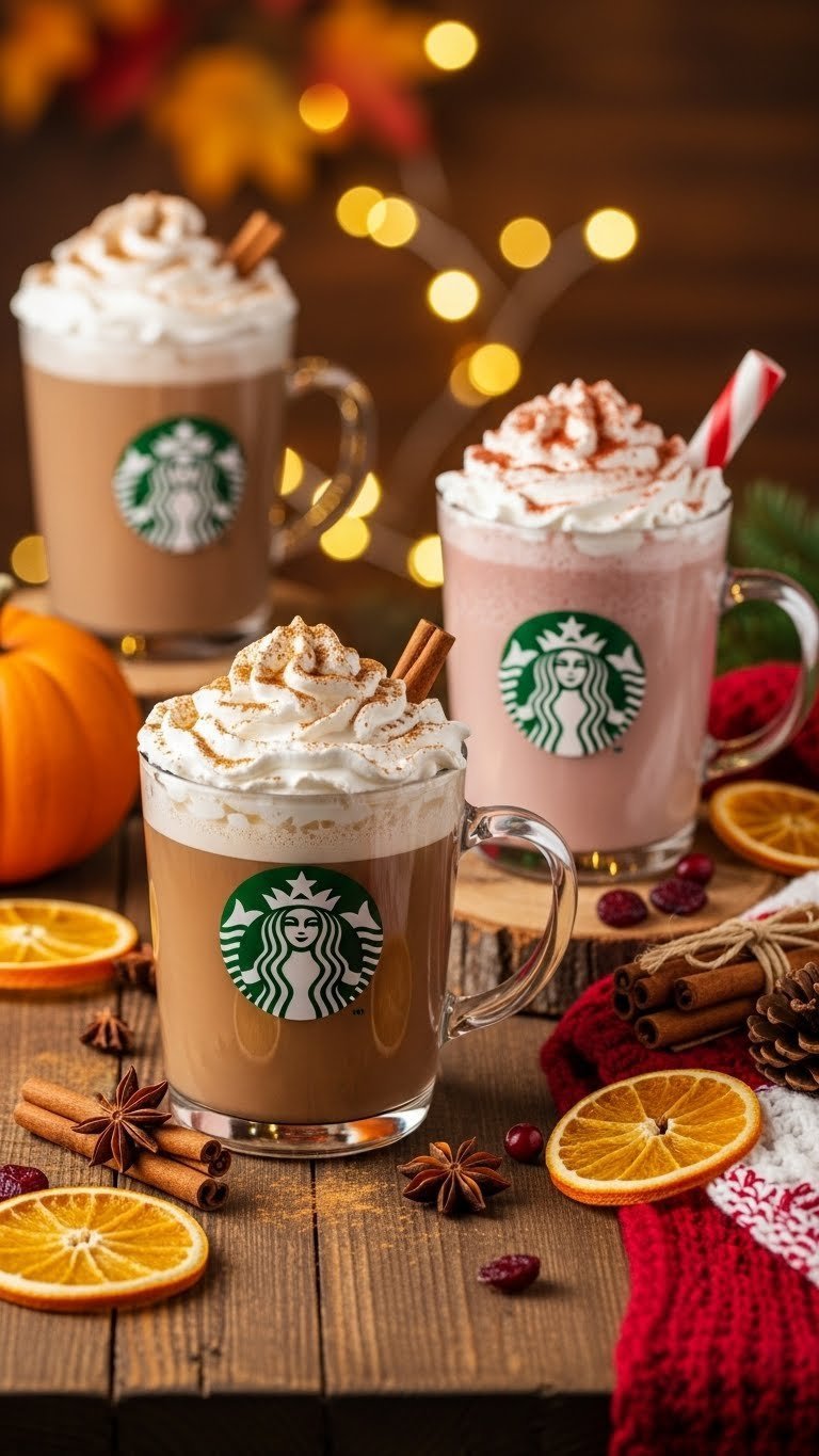 Vibrant fall-themed Starbucks beverages including pumpkin spice latte and peppermint mocha with cinnamon sticks on rustic table