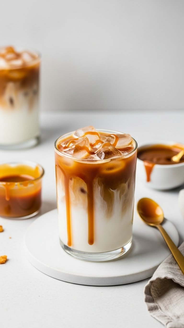 Vibrant glass of Herbalife Caramel Macchiato iced coffee with caramel drizzle layers on white ceramic surface