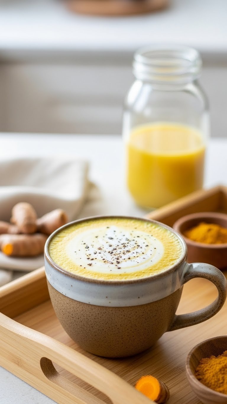 Vibrant golden turmeric adaptogen latte with frothy top and black pepper sprinkle on light wooden tray