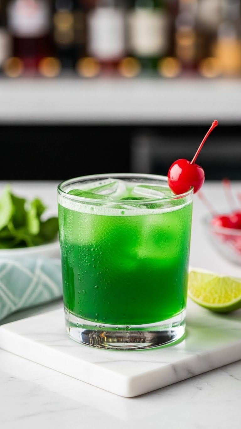 Vibrant green Midori Sour cocktail in rocks glass with cherry garnish on clean white marble slab background