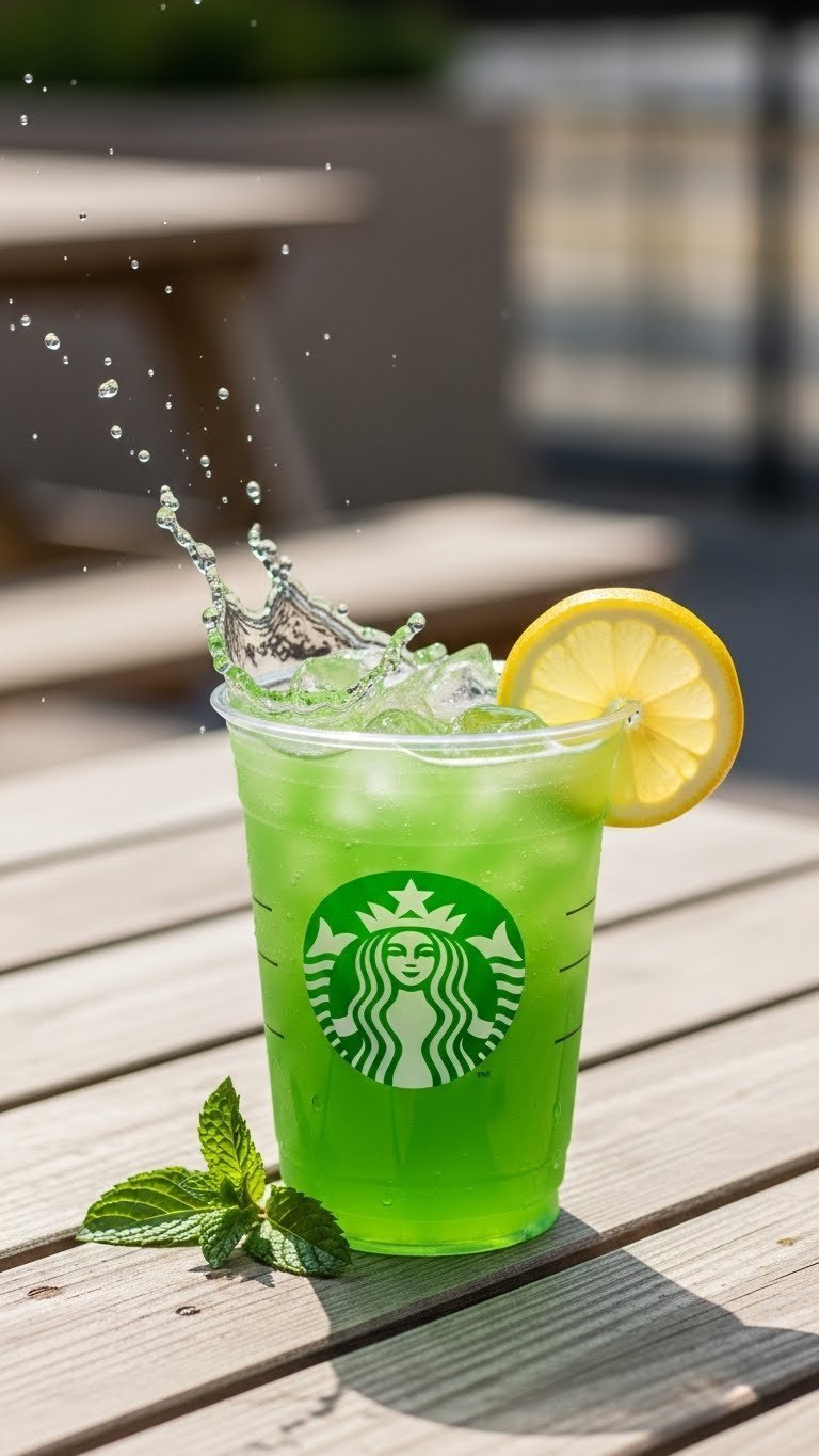 Vibrant green Starbucks Iced Green Tea Lemonade with lemon wedge garnish on wooden picnic table outdoors