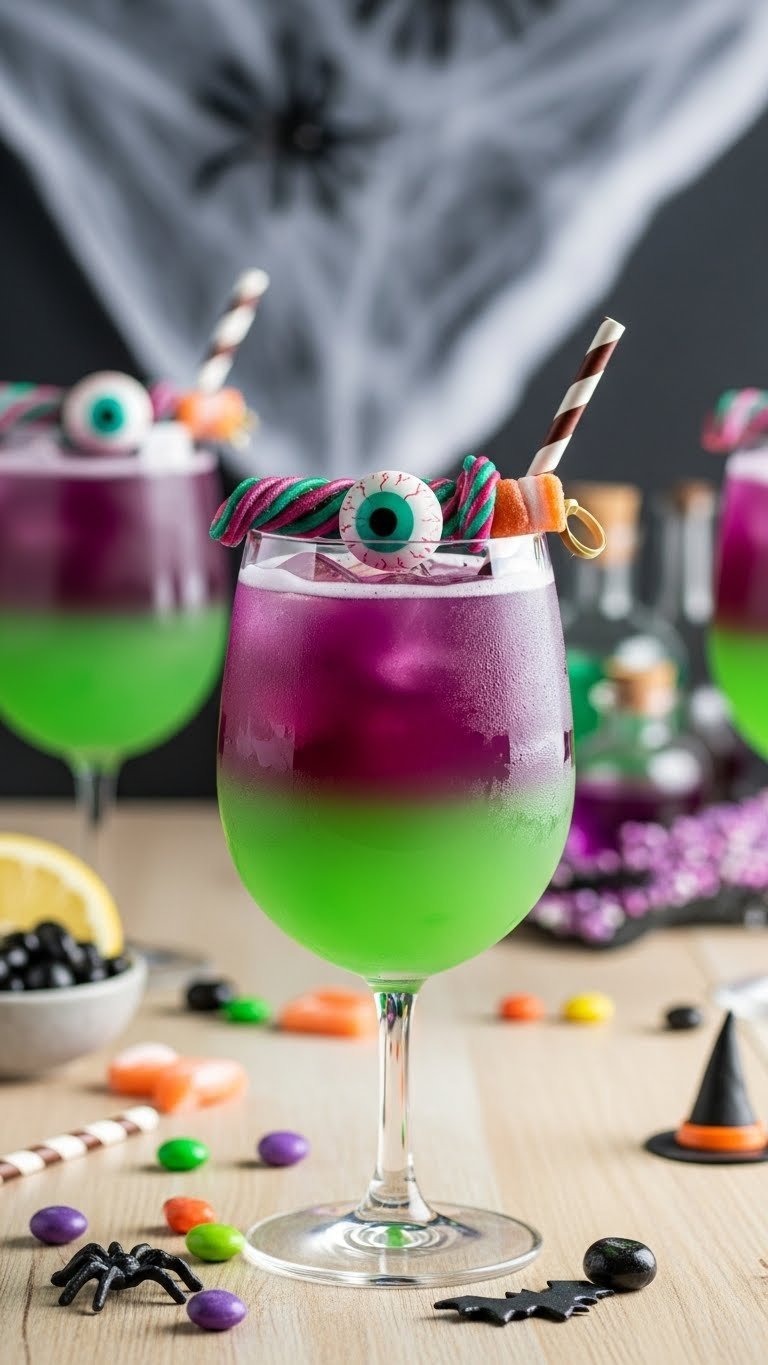 Vibrant green and purple layered mocktail in stemless wine glass with gummy eyeball garnish on wooden table