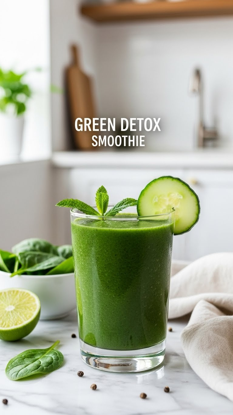 Vibrant green detox smoothie garnished with cucumber slice and mint leaves in clear glass on marble countertop with healthy ingredients