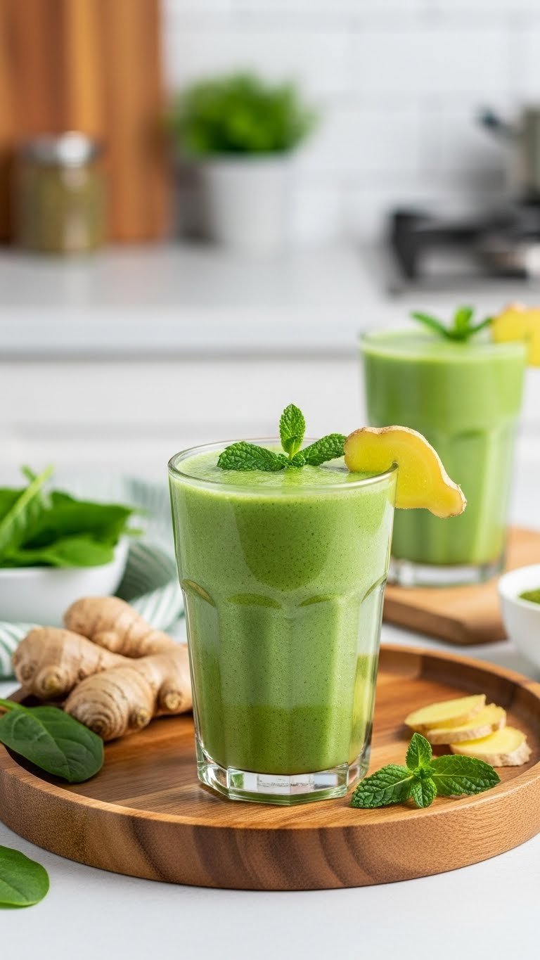 Vibrant green ginger matcha smoothie in clear glass garnished with fresh mint and ginger slice on wooden tray