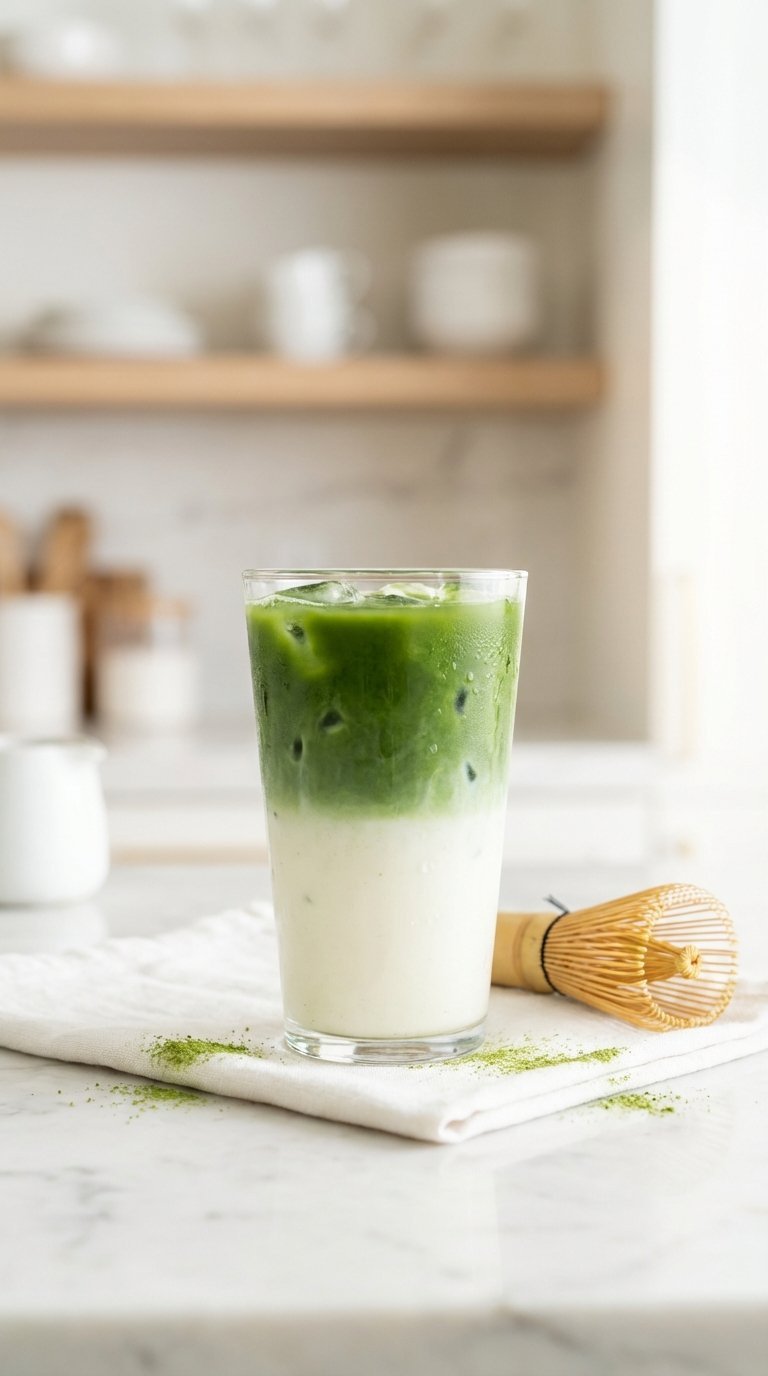 Vibrant green iced matcha latte in clear glass with milk layer on white marble countertop with bamboo whisk.