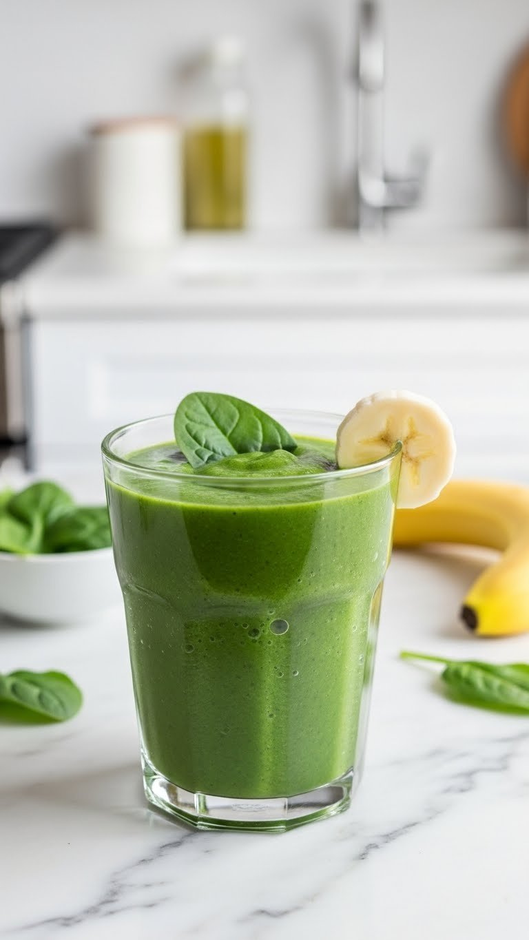 11 Healthy Drink Ideas: Easy Sips for Energy & Weight Loss 1 Vibrant green power smoothie with spinach leaf garnish and banana slice on marble countertop in bright kitchen setting