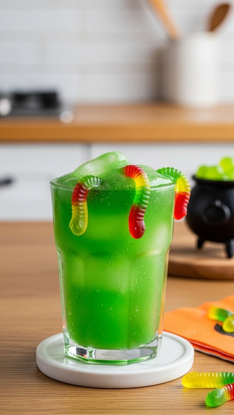 Vibrant green slime drink overflowing with gummy worms draped over the rim creating slimy texture