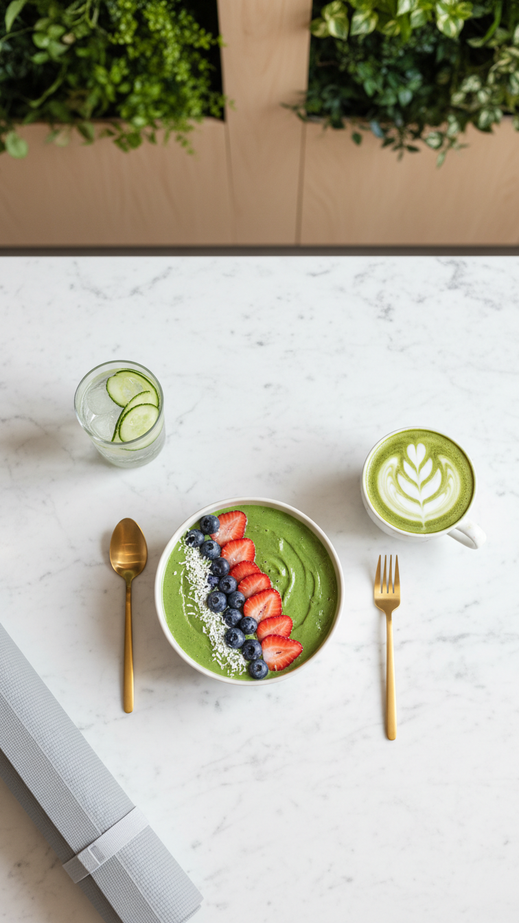Vibrant green smoothie bowl with berries and matcha latte on white marble table in wellness bistro