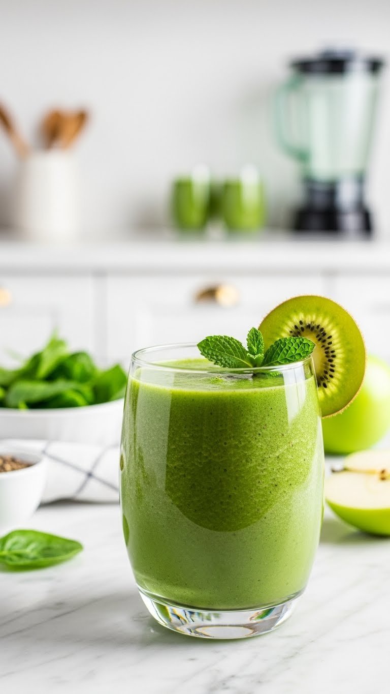 Vibrant green smoothie in clear glass with mint garnish on marble countertop in bright kitchen setting