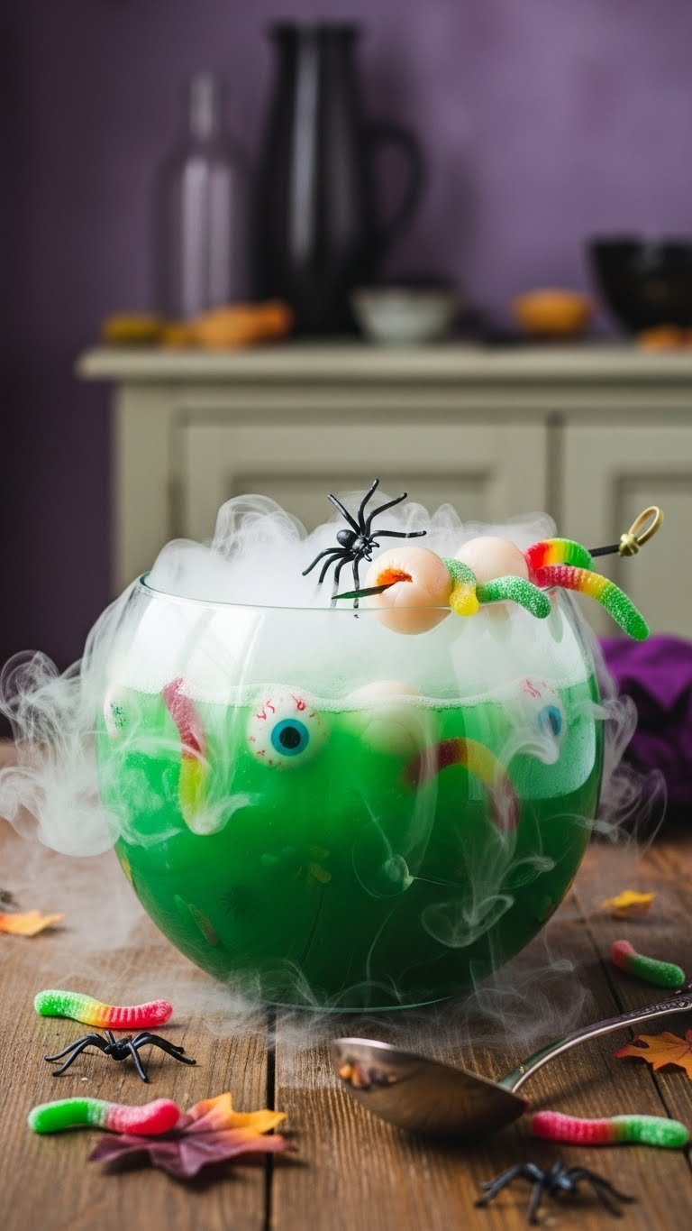 Vibrant green witch's brew punch in clear glass bowl with gummy worms and lychee eyeballs on rustic wooden table
