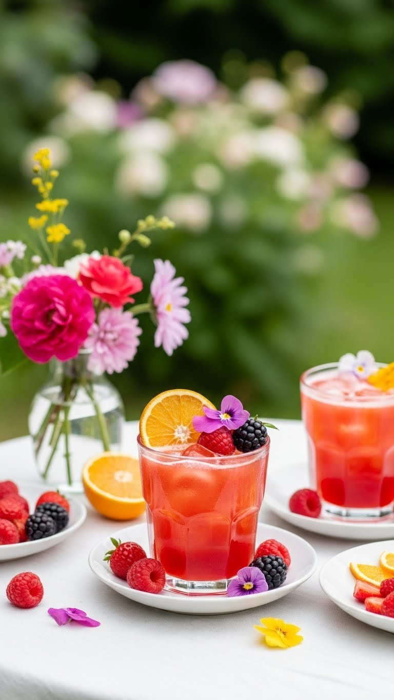 Vibrant iced coffee cocktail with edible flowers, fresh berries, and citrus slices on white linen tablecloth