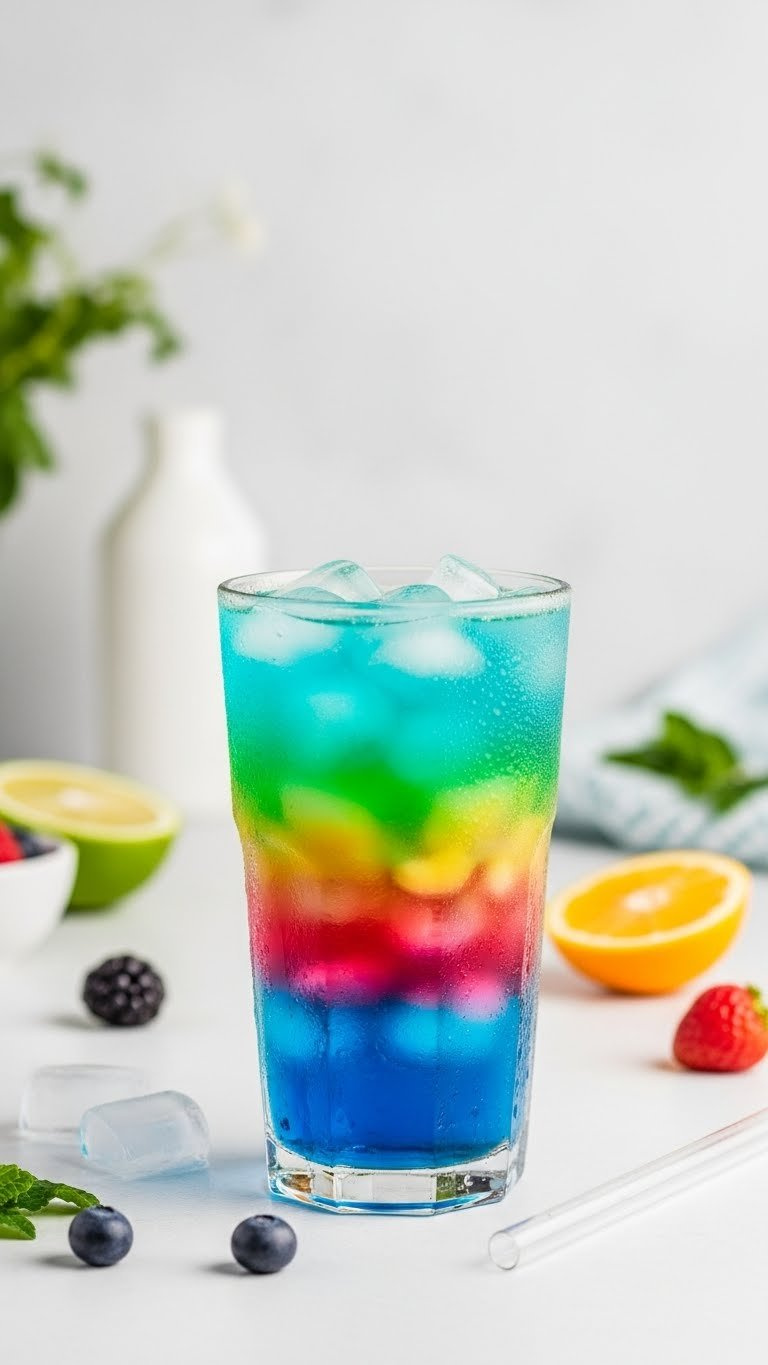 Vibrant layered Rainbow Lotus drink in tall glass showing blue, green, yellow, and pink colorful layers
