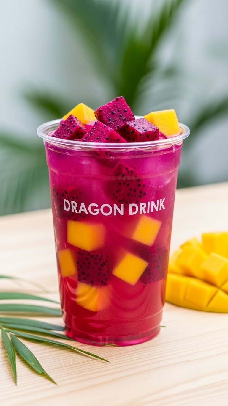 Vibrant magenta Dragon Drink with mango dragonfruit jelly chunks and tropical garnishes on wooden table.