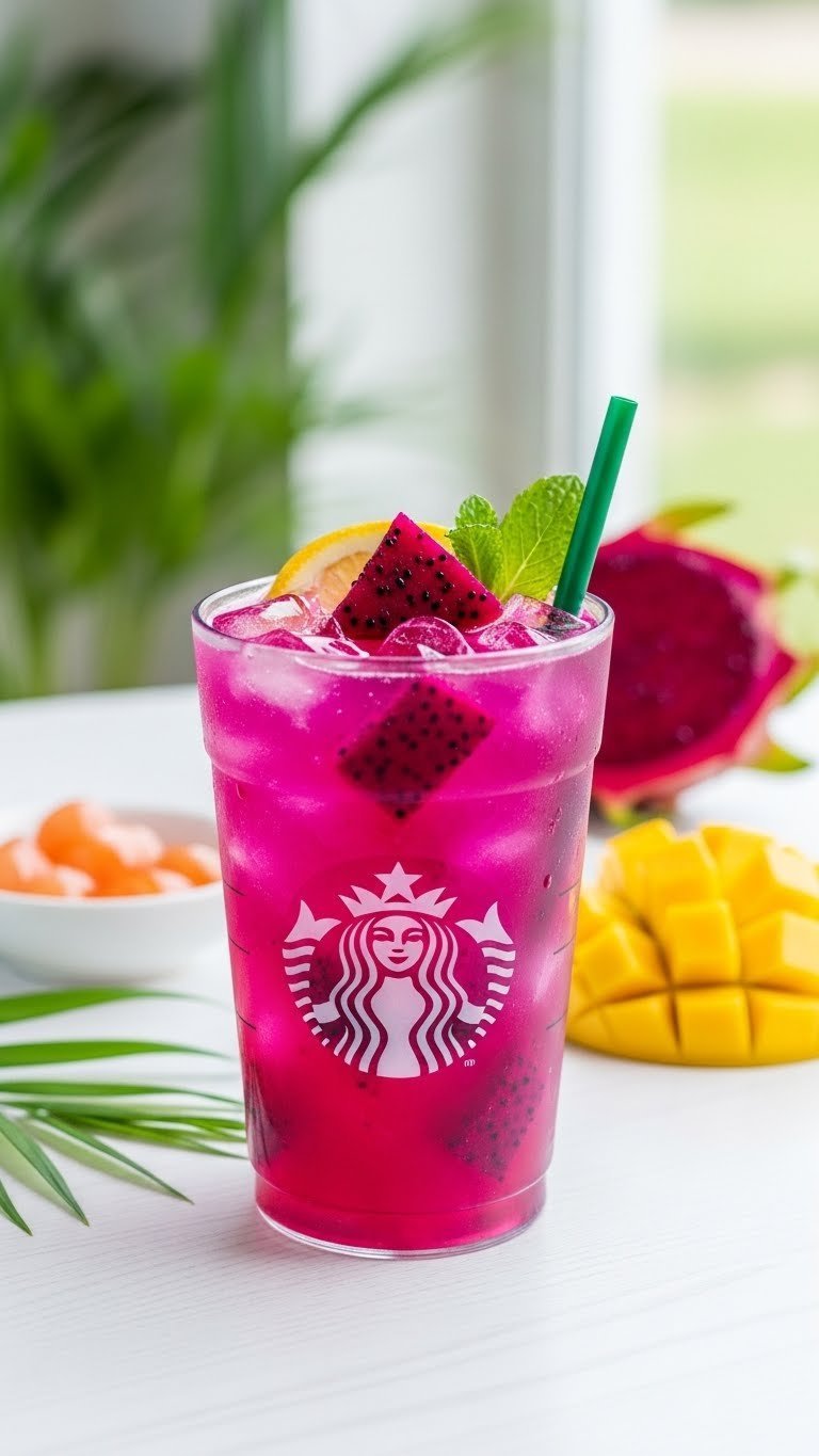 Vibrant magenta Starbucks Mango Dragonfruit Lemonade Refresher with dragonfruit pieces floating in clear cup