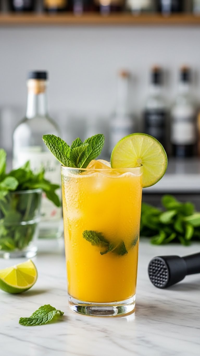 Vibrant mango mojito in condensation-beaded highball glass with fresh mint and lime garnish on marble countertop
