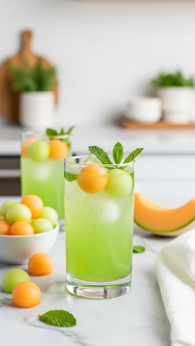 Vibrant minty melon refresher in tall glass with melon balls and fresh mint sprig on light marble countertop