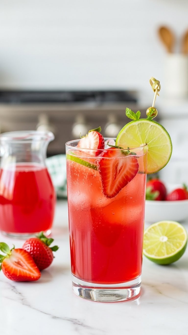 Non-Alcoholic Sprite: 9 Easy Mocktail Ideas for Any Party 1 Vibrant non-alcoholic Strawberry-Lime Sparkler in tall glass garnished with fresh strawberry slices and lime wheels on marble countertop
