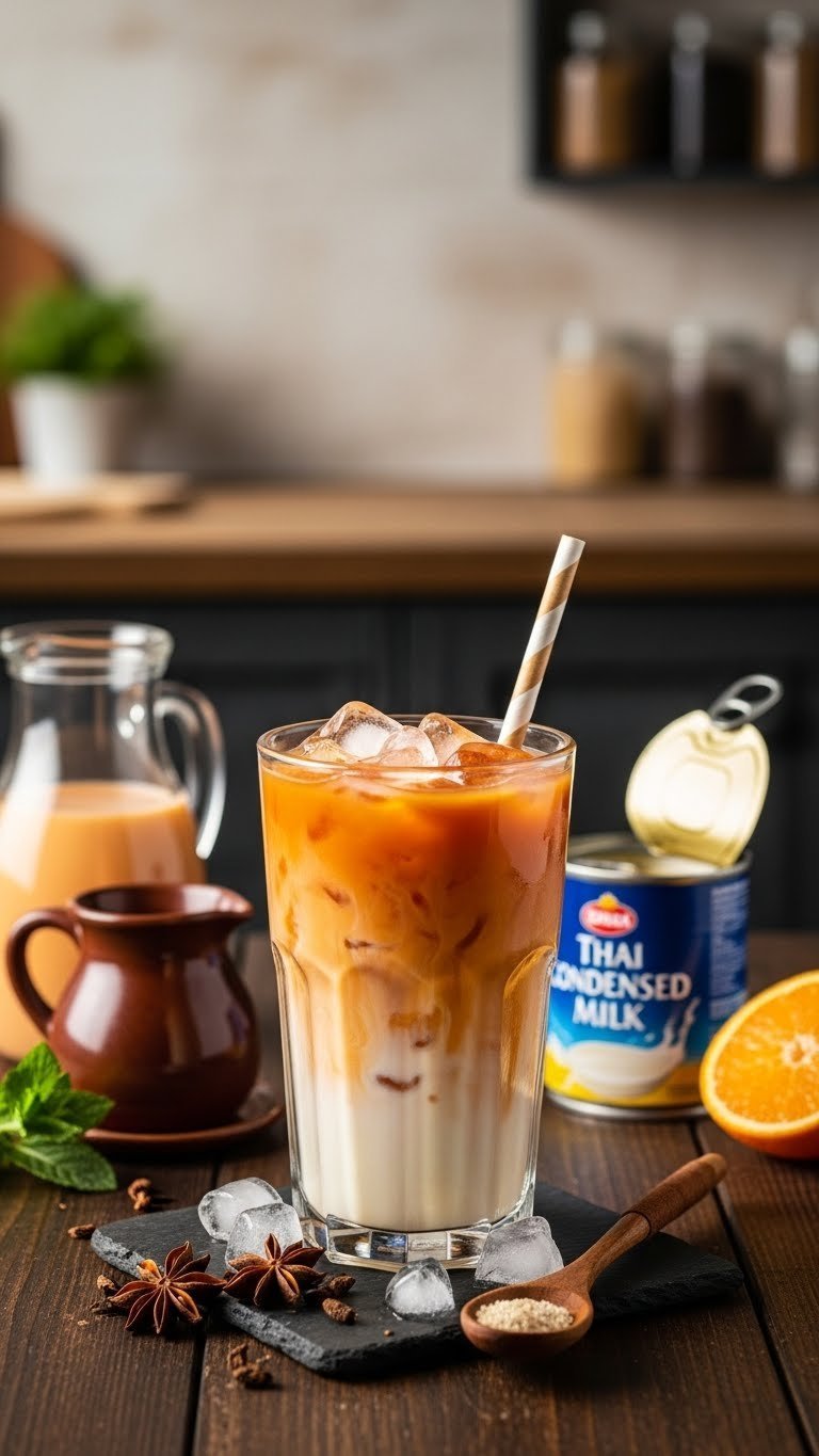 Vibrant orange Thai iced tea with creamy condensed milk layer and thick straw in tall glass