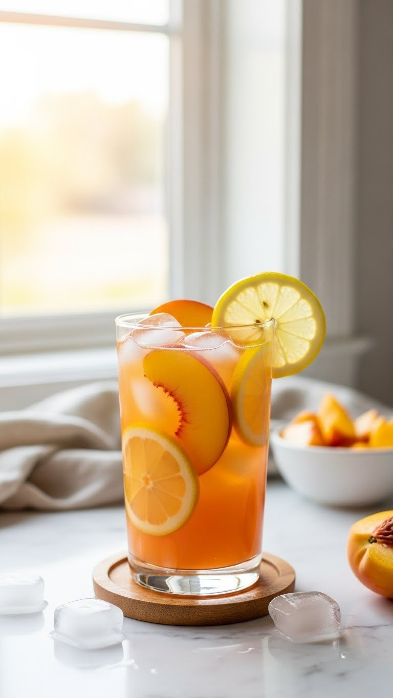 Vibrant orange-hued peach lemonade in tall elegant glass with fresh peach slices and lemon on marble countertop with golden hour lighting
