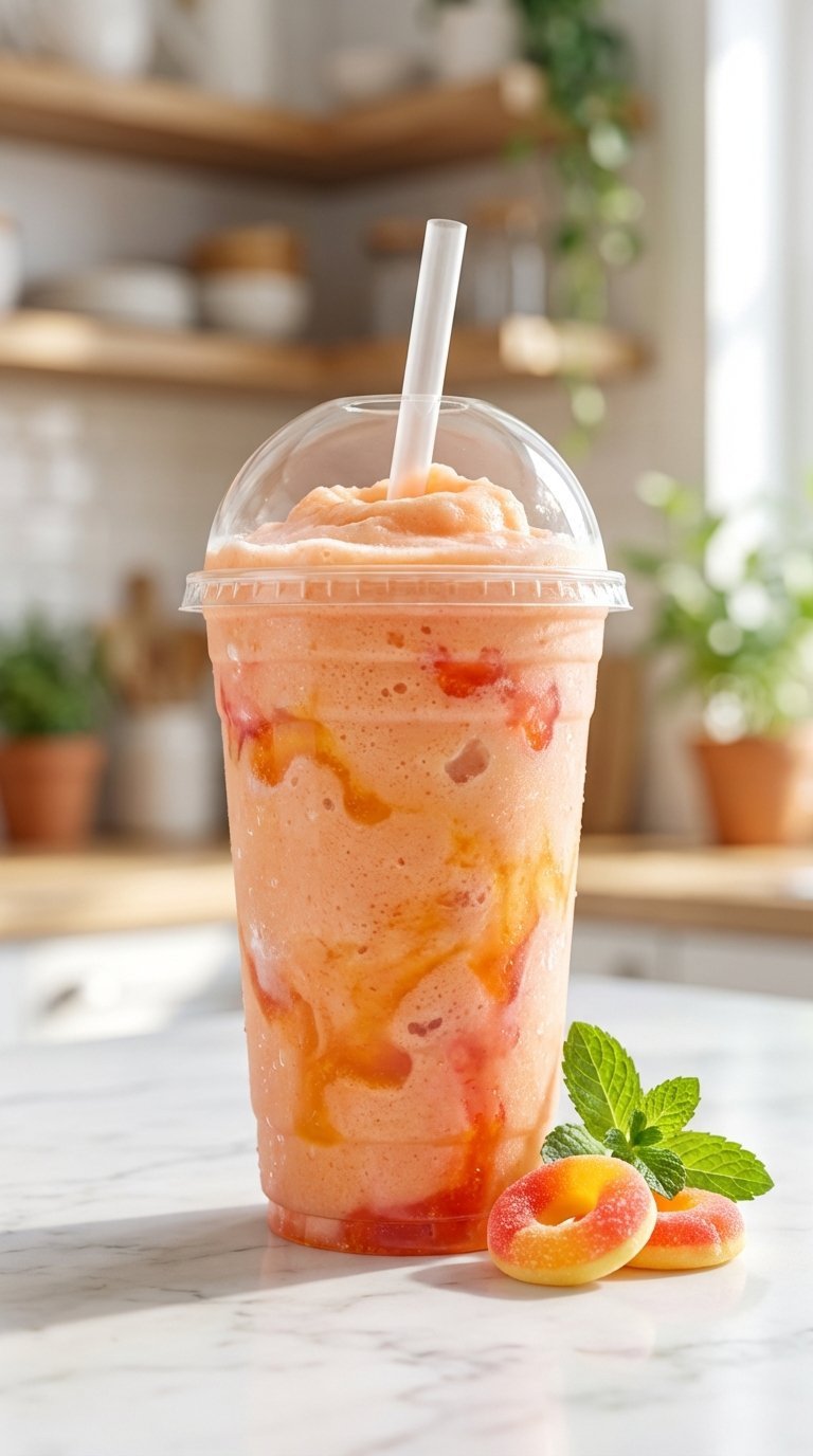 Vibrant orange-pink Peach Ring Rebel blended energy drink in clear cup with dome lid and straw on marble countertop