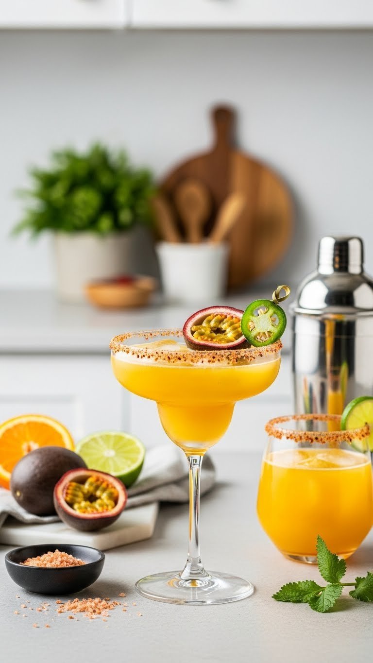 Vibrant orange spicy passionfruit margarita with chili-lime salt rim and jalapeño garnish on stone surface