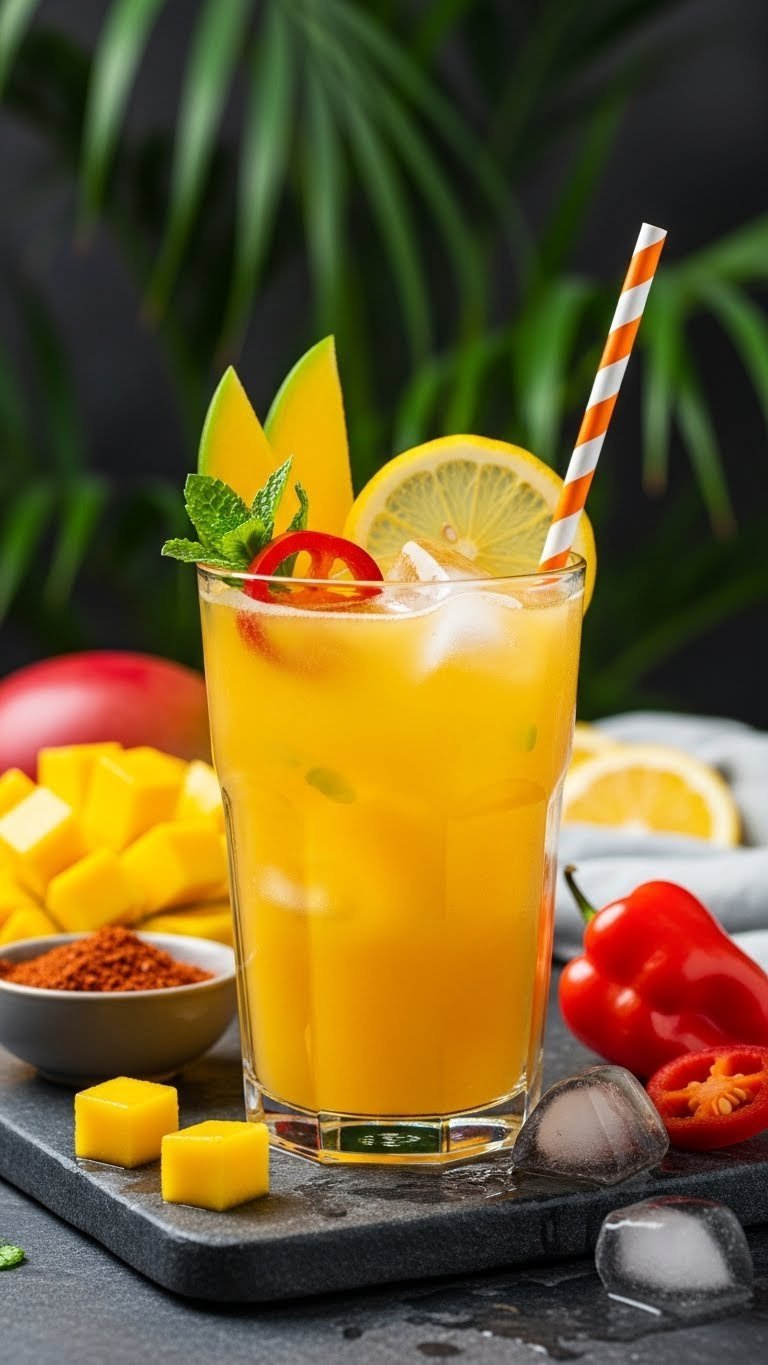 Vibrant orange-yellow mango habanero lemonade in tall glass with mango slices, habanero pepper sliver, and lemon wheel