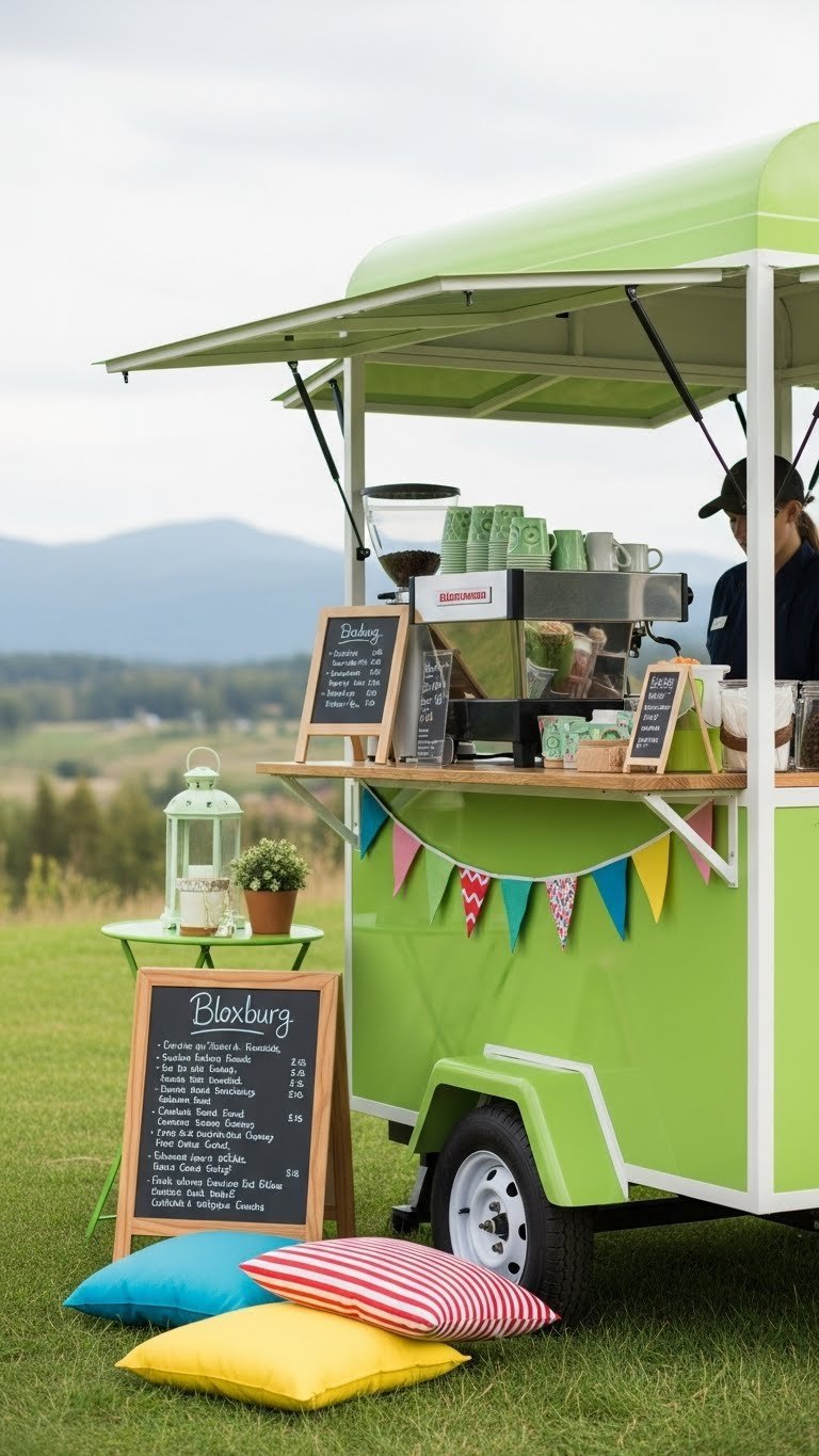 Vibrant outdoor pop-up coffee cart in Bloxburg with mobile setup, natural landscape background, and bright daylight