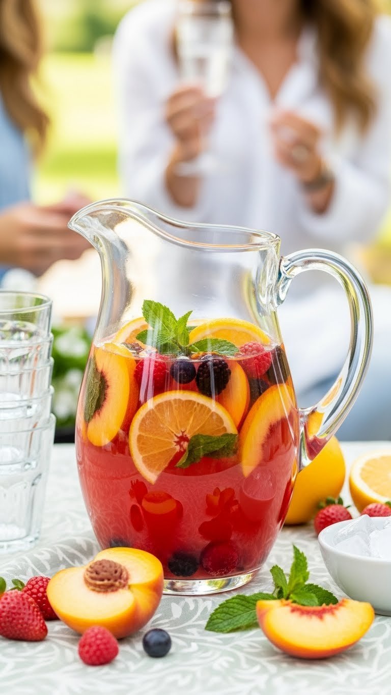 Vibrant peach sangria pitcher filled with fresh fruit slices and mint leaves on patterned tablecloth