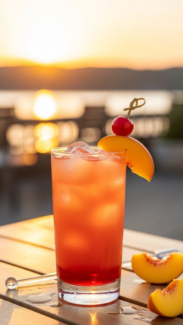 Vibrant peach sunset Red Bull mocktail with gradient layers and peach slice garnish on light wooden table