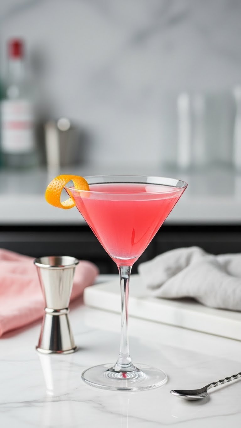 Vibrant pink Cosmopolitan cocktail in martini glass with orange peel garnish on marble countertop with soft bokeh background.