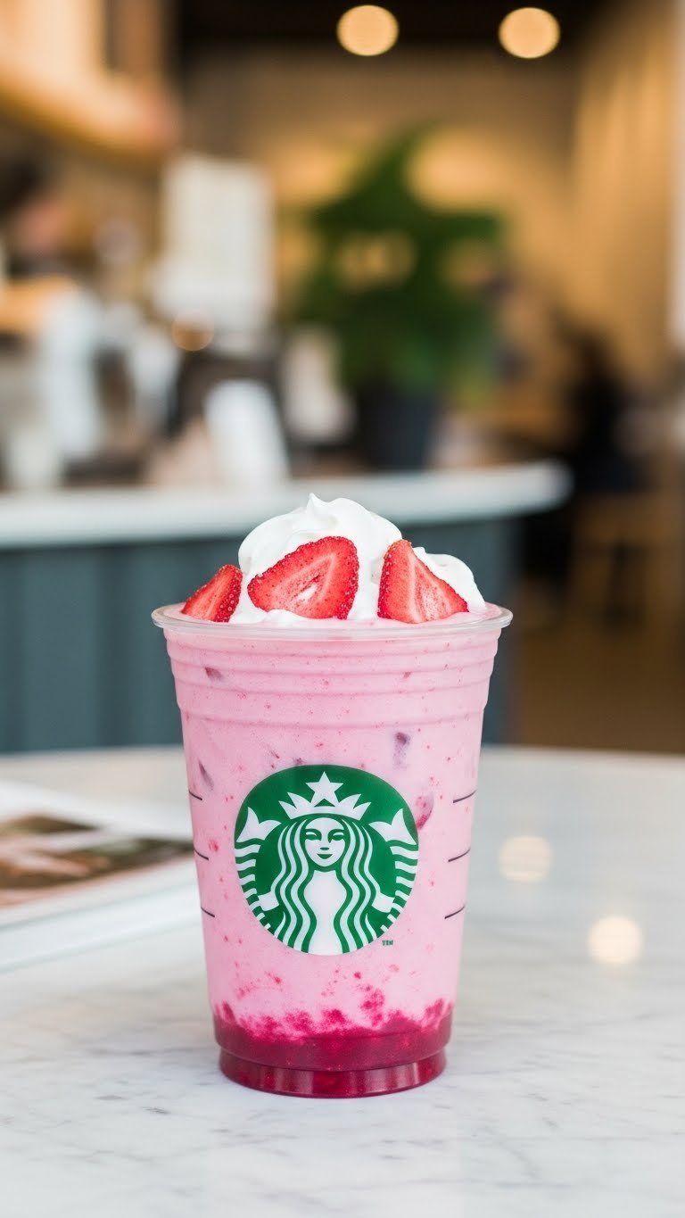 Vibrant pink Starbucks Pink Drink with strawberry acai base and freeze-dried strawberries floating in clear cup on marble countertop
