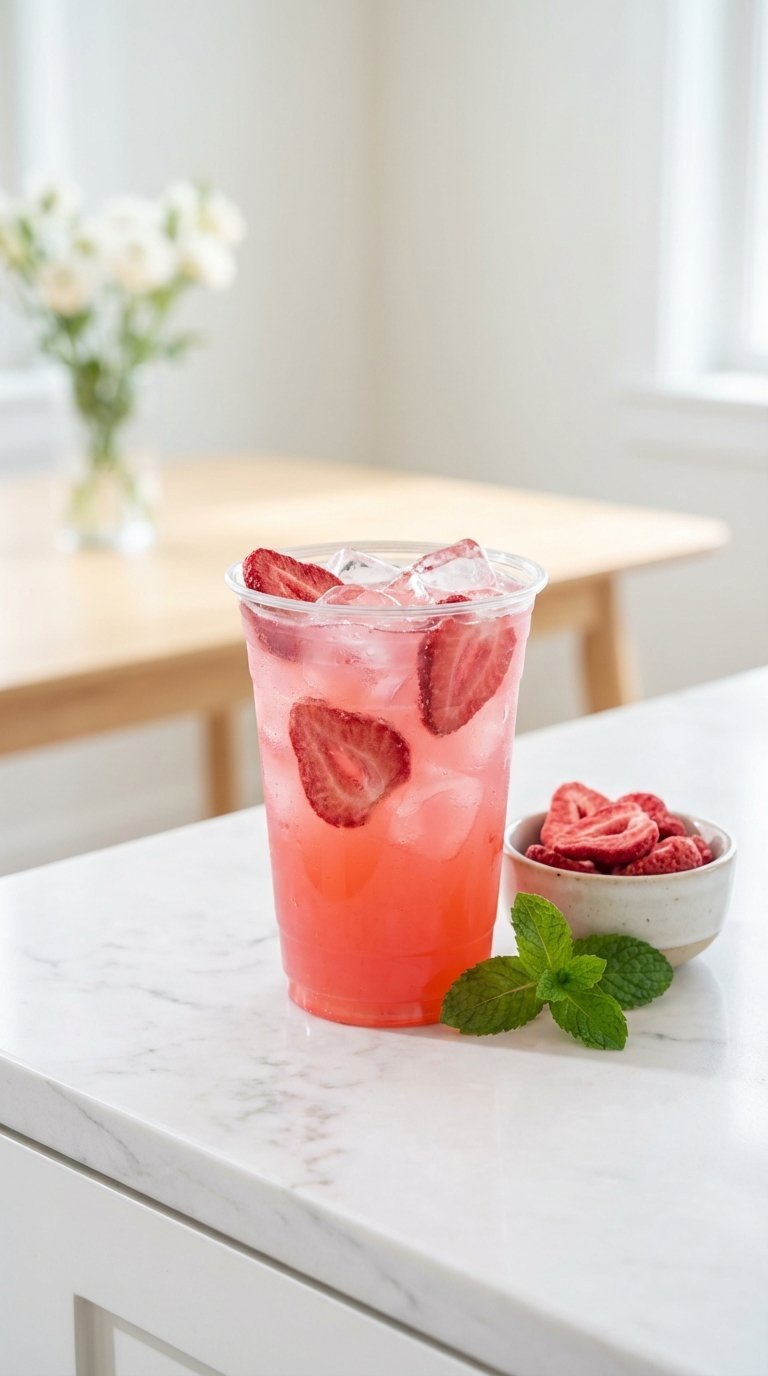 Vibrant pink Starbucks drink in clear cup with freeze-dried strawberries on marble countertop with mint sprig.